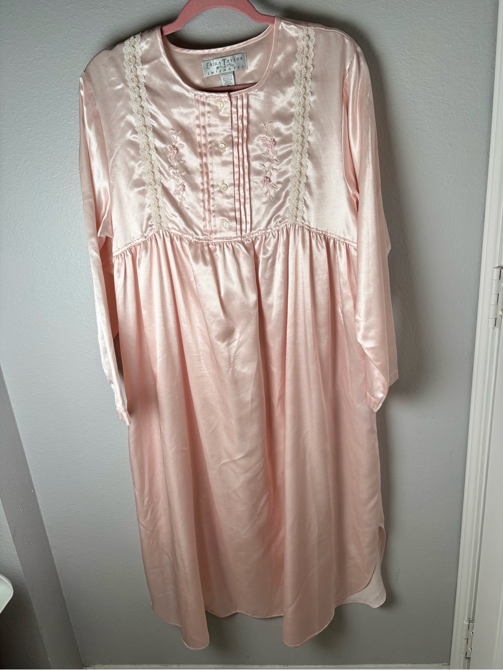 Erika Taylor Intimates Vintage Pink Satin Nightgown Sleep Dress Granny Victorian